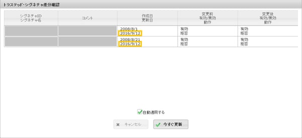 シグネチャ更新設定