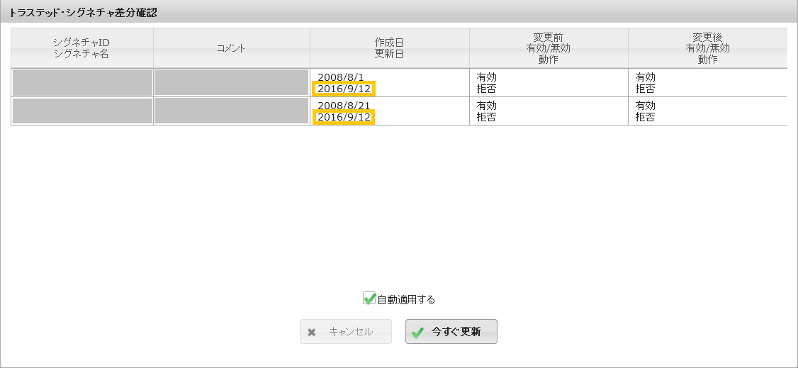 シグネチャ更新設定